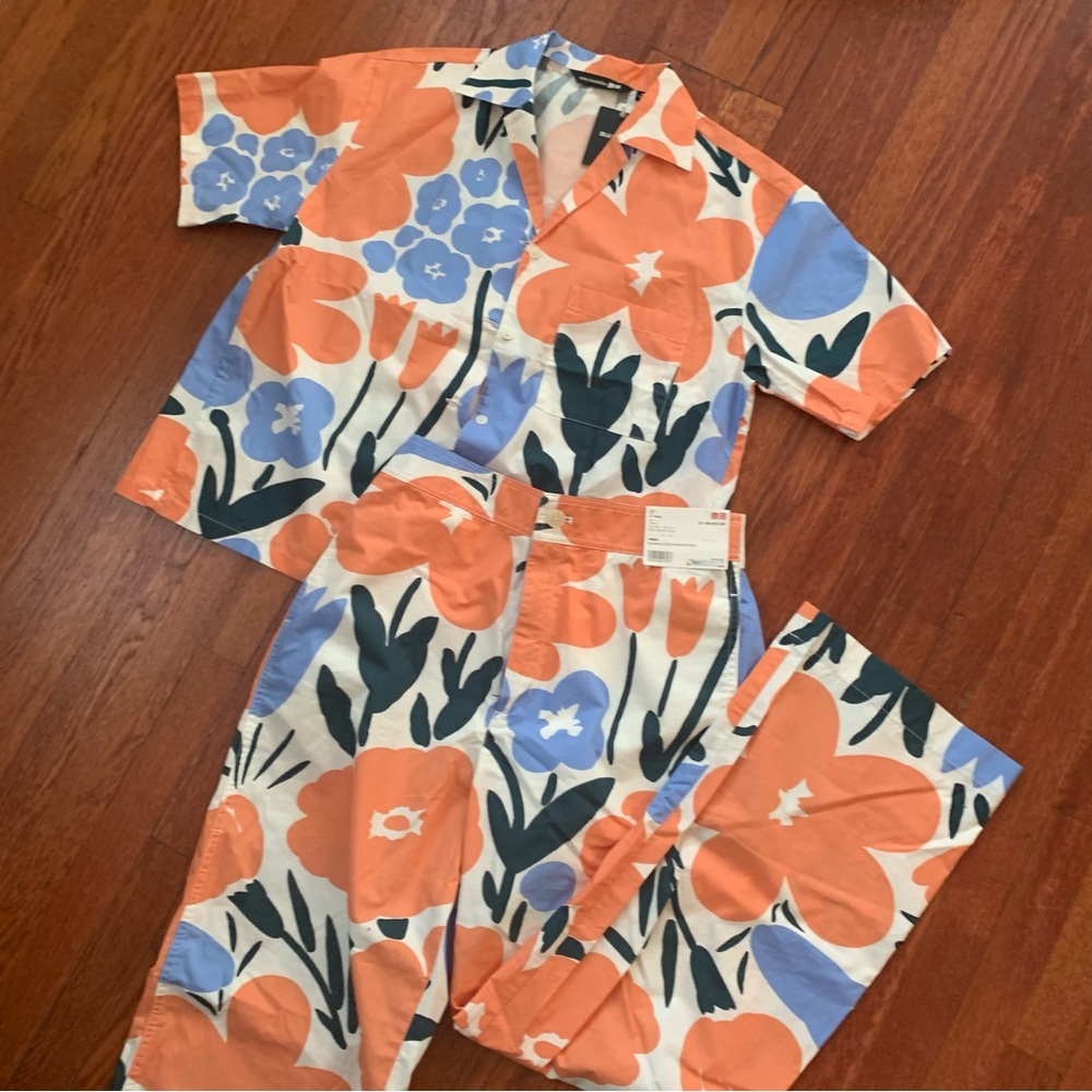 Marimekko x UNIQLO 100% COTTON summer button-up top and straight pant set SIZE M